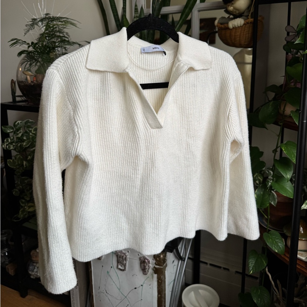 Mango White Ribbed Knit Sweater